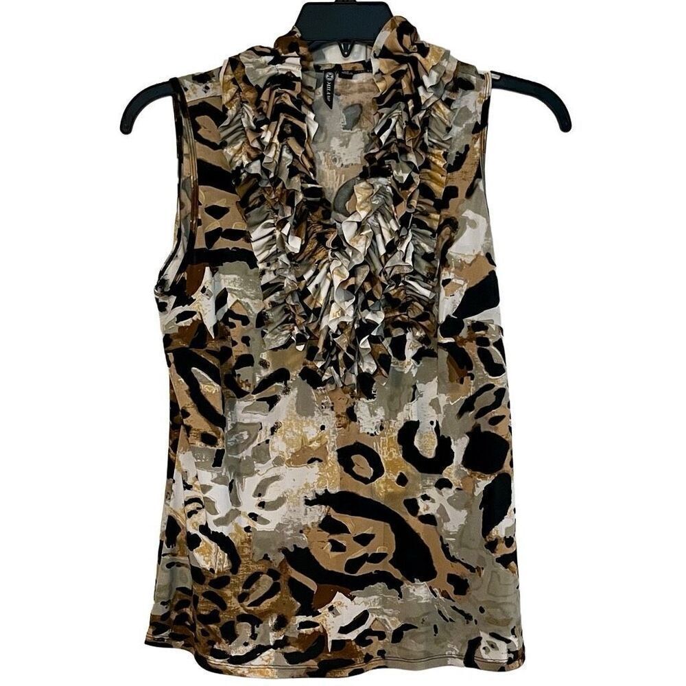 Milano Animal Print Ruffle Collar Tank Top Large